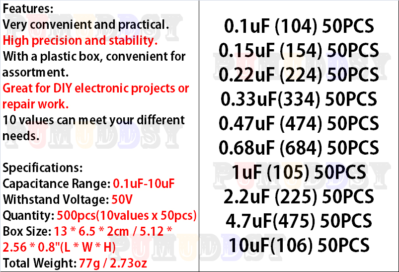 500 pièces/lot 10 valeurs * 50 - Capacitor Kit Assortment avis et prix